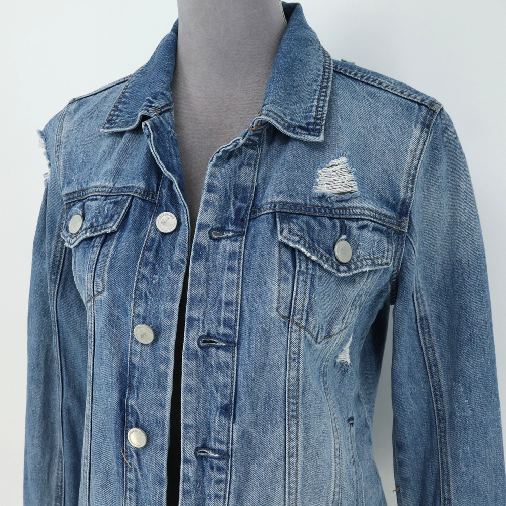 Blank NYC Jean Jacket Womens XS Blue Cotton Denim Raw Hem Distressed FLAW - Picture 9 of 16